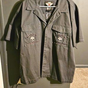 Authentic Charcoal Grey Harley Davidson Embroidered Skull Mechanic Shirt - XL
